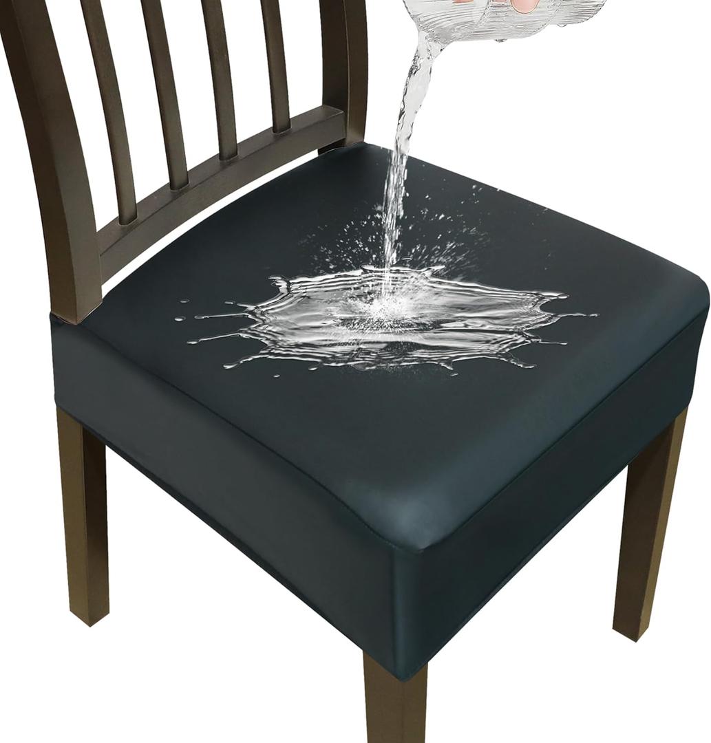 Stretch Seat Covers for Dining Room Chairs Set of 4,Dining Chair Covers,Waterproof PU Leather Chair Seat Slipcovers,Removable Washble Dining Room Chair Seat Cover(Black)