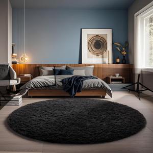 Ophanie Round Rug 5Ft Black Circle Area Rug, Room Decor for Men, Fluffy Fuzzy Bedroom Carpet, Plush Soft Shaggy Living Room Rugs for Kids Home Decor Aesthetic, Nursery