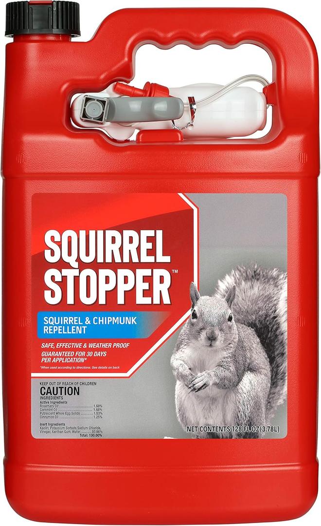 Squirrel Stopper Repellent Spray - Chipmunk & Squirrel Deterrent for Bird Feeders, Garden & Homes - Weather-Resistant Formula - Scent, Taste & Touch Barrier - Safe Around Kids & Pets - 1 Gallon