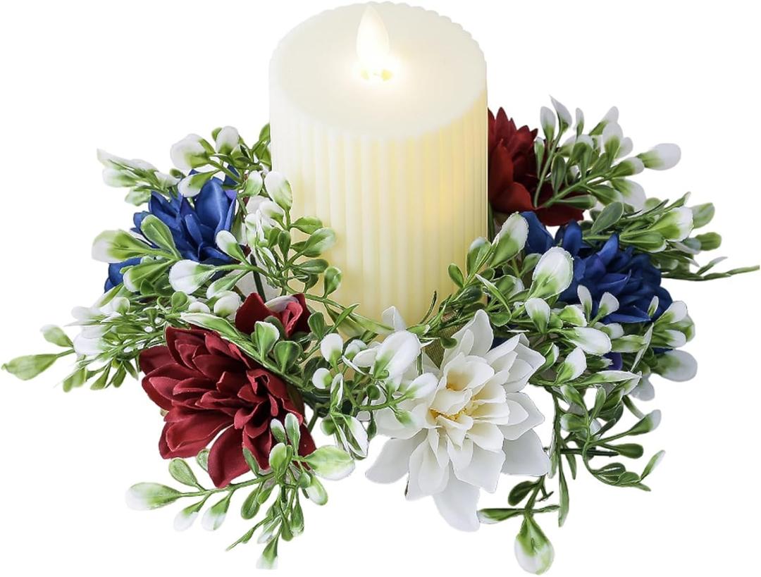 4th of July Candle Rings Artificial Flower Wreath Red Blue White Patriotic Candle Holder 9.84" Tables Centerpieces Home Farmhouse Decor for Independence Day Memorial Day