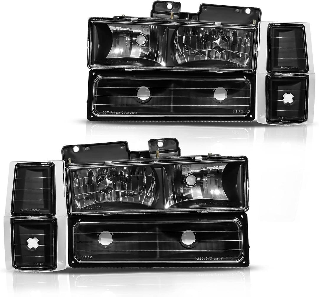 DWVO Headlight Assembly Compatible with 1994-1999 Chevy Silverado 1500 2500 3500, Suburban 1500 2500, 1995-1999 Tahoe Headlamp with Corner & Bumper Lights, Black Housing, and Clear Lens