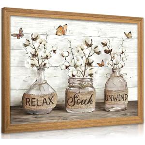 Framed Farmhouse Bathroom Canvas Wall Art Brown Rustic Cotton Flower Painting Picture Wall Decor Modern Relax Soak Unwind Sign Poster Print Artwork for Living room Restroom Home Decoration, 24"L x 16"W