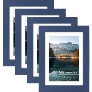 5x7 Picture Frame Set of 4, High Definition Real Glass, Display Pictures 4x6 with Mat or 5x7 Without Mat, Gallery Wall Hanging or Tabletop Photo Frames, Blue