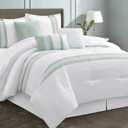 LANCO MODERN LIFESTYLE 7 Piece Comforter Set, Sage White, California King, Boho Style Geometric Microfiber Embroidery, Bed in a Bag with Bedskirt, Pillow Shams and Decor Pillows
