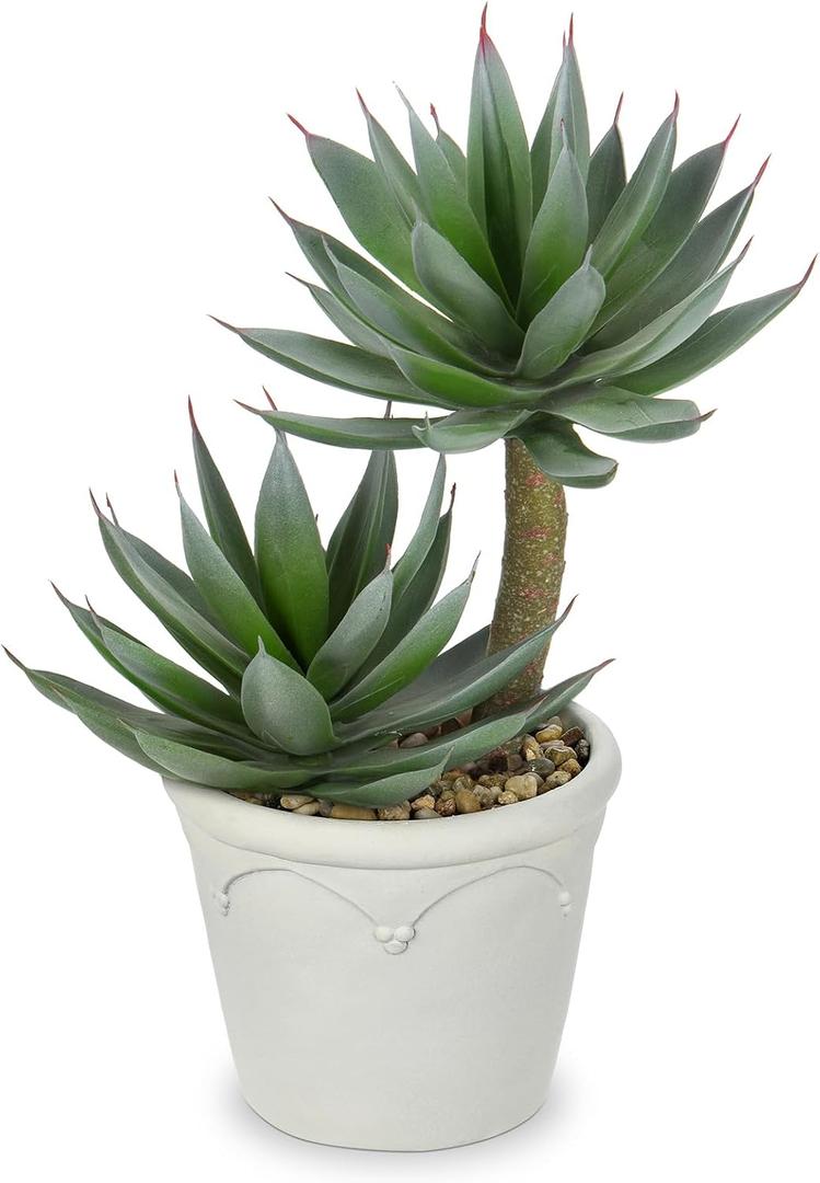 Hollyone Large Artificial Succulent Plants Fake Agave Succulents Potted 13" Faux Plant in Vintage Cement White Pot Succulent Aloe Plant Indoor for Desk Home Office Living Room Table Shelf Decor