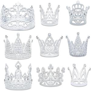 9 Pieces Crown Cake Topper, Princess Little Crown Heart shaped Diamond Alloy Pink Silver Crown, Mini Crown, Birthday Cake Baking Decoration Paper Cup Cake Decoration (9 PCS Crown Cake Silver)