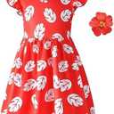 Carkno Little Girls Costume Dress with 4inch Hawaiian Red Flower Hair Clip Toddler Red Leaf Dress Halloween Cosplay Outfit
