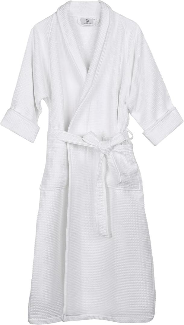 Superior Waffle Weave Cotton Unisex Bathrobe with Belt, Soft and Absorbent Robe for Men and Women Bath Essentials Robes (Small, White)