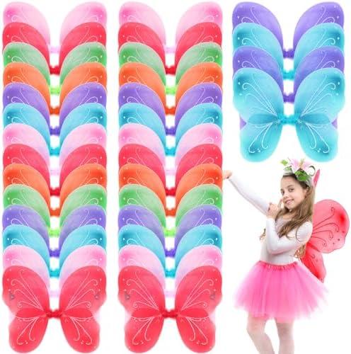 Junkin 36 Pcs Fairy Wings Kids Bulk Butterfly Costume Wings for Girls Halloween Dress up Butterfly Favors Role Play Supplies(Colorful Fairy)