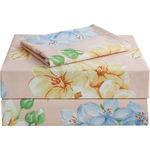 JSD 3 Piece Orange Floral Printed Sheet Set Twin, Soft Botanical Microfiber Bedding Sheets Extra Deep Pocket