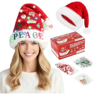 INEDRIMS Light Up Santa Hat with DIY Stickers, Extra Thick Velvet Christmas Hat for Adults Unisex for New Year Holiday Party & Christmas Decorations
