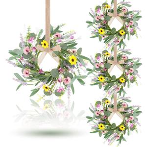 4 Pcs 9" Mini Spring Summer Flowered Wreath Floral Wedding Candle Rings Wreaths Kitchen Cabinet Wreaths with Ribbon for Pillars Wedding Table Centerpiece Farmhouse Party Home Door All Seasons Decor