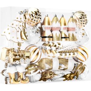 Alupssuc 95pcs Christmas Balls Ornaments Set, Shatterproof Plastic Baubles, Soldiers, Christmas Socks for Xmas Tree Holiday Wedding Party Decorations with Hanging Strings, Gold and White