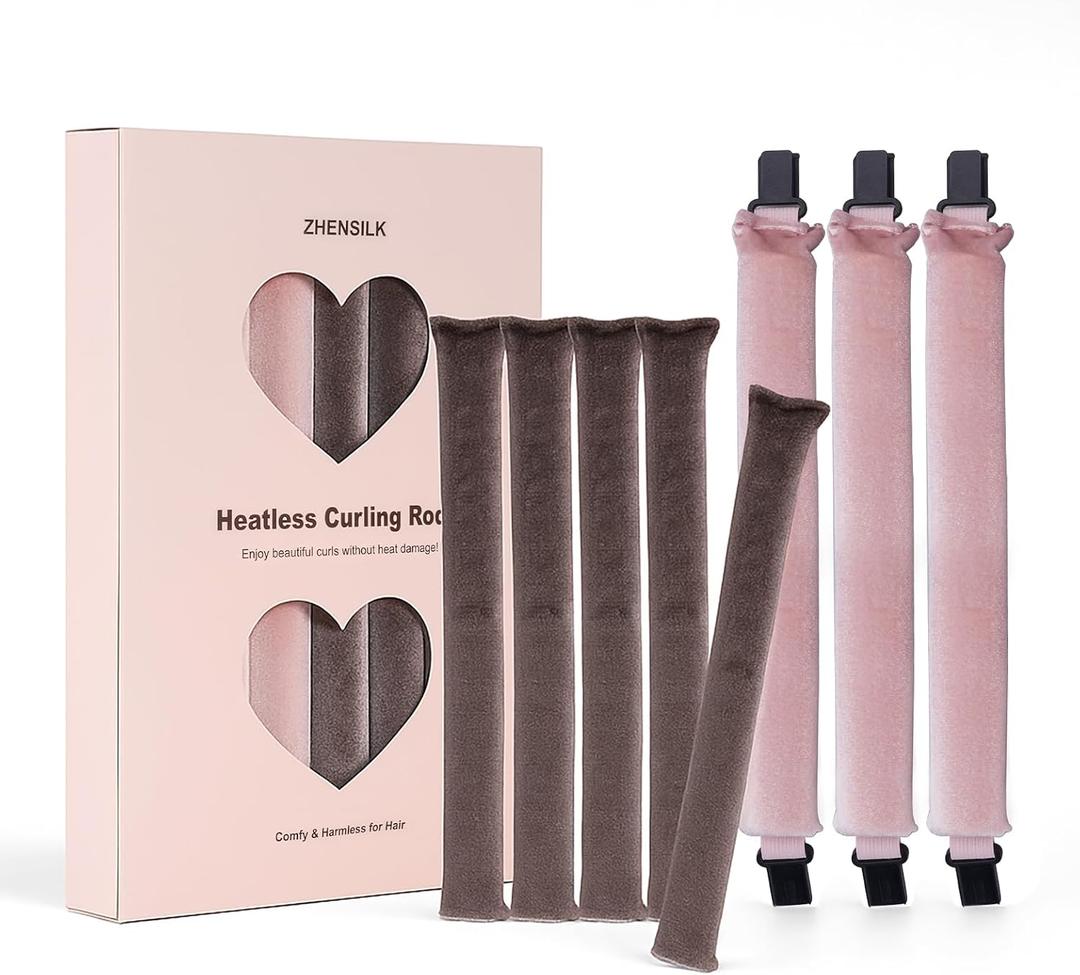 Heatless Curls Overnight Rods Set  8PCS Flexible Heatless Curling Rods for Long & Short Hair, Soft No Heat Hair Curler Blowout Styling Tools for Loose Waves or Tight Curls (3*Pink 5*Brown)