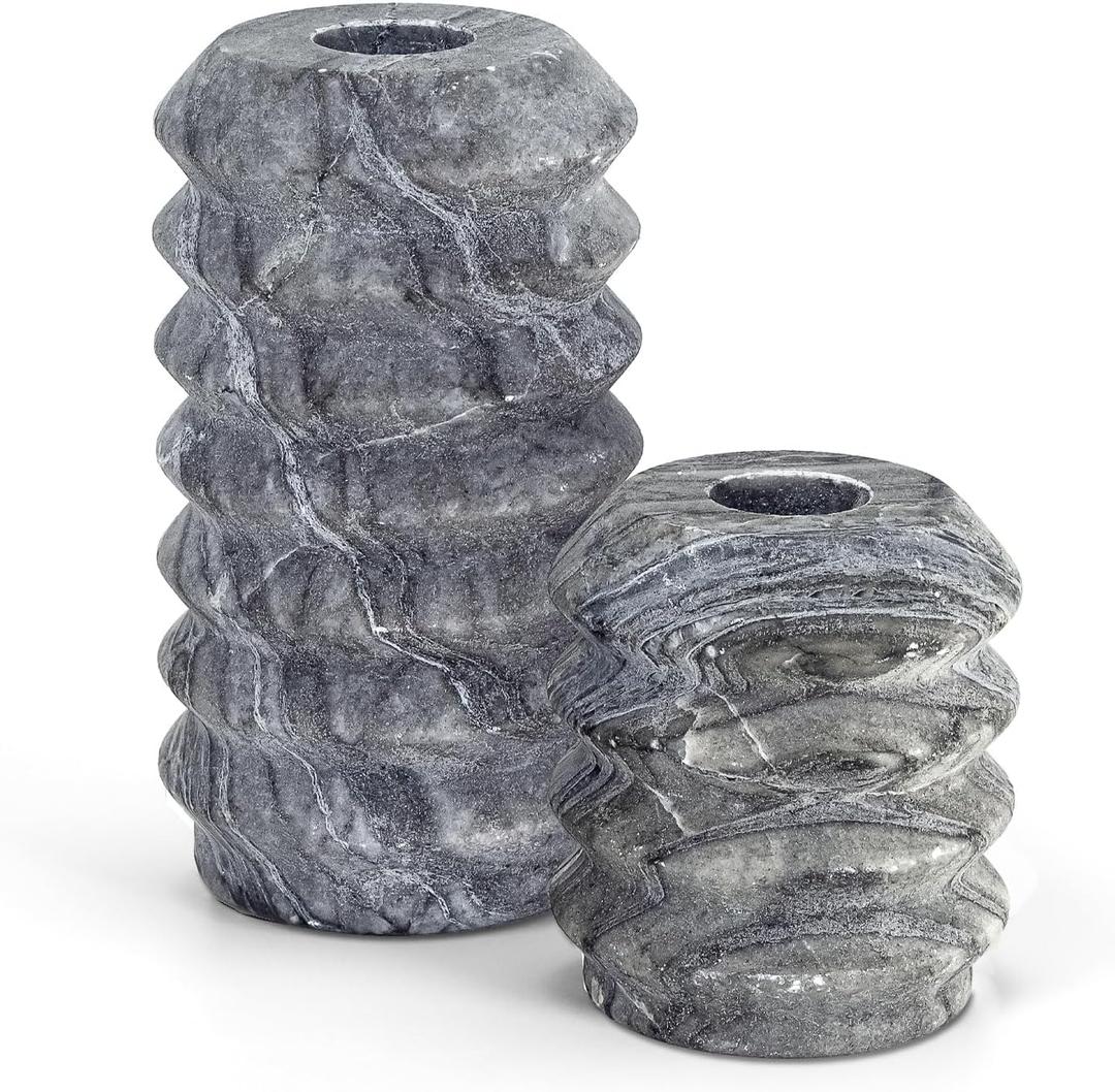 WORHE Candle Holders Italy True Natural Travertine Stone 0.4" Thick Set of 2 Marble Candlestick Holder for Christmas Wedding Dinning Party Candle Stand for 3/4 inch Candles Color Black/Gray (ZT001)