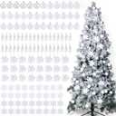 Ceenna 132 Pcs Christmas Tree Ornaments Set Glitter Poinsettia Flowers 2.36 inch Christmas Balls Snowflakes Decorations Artificial Berry Picks for Xmas Tree Wreath, Hooks Included(White)