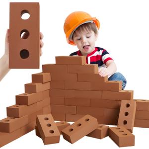 Deekin 30 Pcs Foam Brick Building Blocks for Kids Thick Blocks Foam Large Fake Brick Construction Toy for Stacking Construction, 8 x 4 x 2.4 in(Circle Holes)