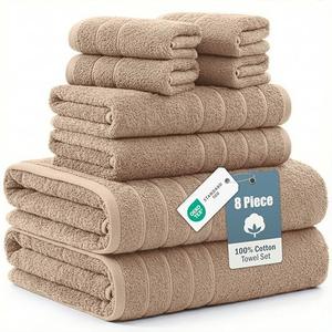 Casa Platino 100% Luxury Cotton Bathroom Towel Set 8 Pcs - Super Soft & Highly Absorbent - 2 Bath, 4 Washcloths, 2 Hand Towels for Bathroom - Oeko TEX Certified, Fade Resistant, Luxury Look - Beige