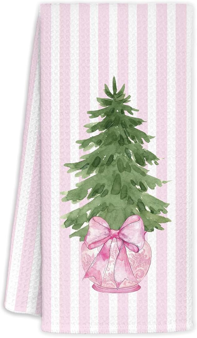 Pink Chinoiserie Christmas Kitchen Towels, Coquette Bow Christmas Tree Hand Towels for Bathroom, Preppy Grandmillennial Xmas Striped Decorative Dish Tea Towel, 16x24 Inch