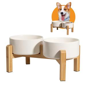 Elevated Ceramic Dog Bowl Set - Raised Dog Bowls with Non-Slip Bamboo Stand - Dog Food and Water Bowl Set - Double Dog Feeding Bowls - Suitable for Small and Medium Dogs - 28.74 OZ - 3.6 CUPS - 850 ML