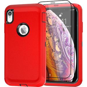 Case for Apple iPhone X/XS Case with 2 Screen Protector, Heavy Duty Full Body Shockproof Military Grade Cover, 3 in 1 Drop Protection Phone Case 5.8" [Red+Black]