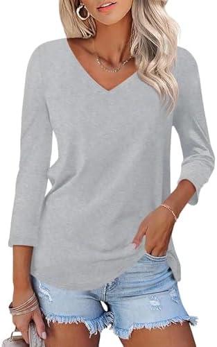 Minetom Women's V Neck 3/4 Sleeve T Shirt Solid/Color Block Casual Basic Tops Summer Tees Size Large