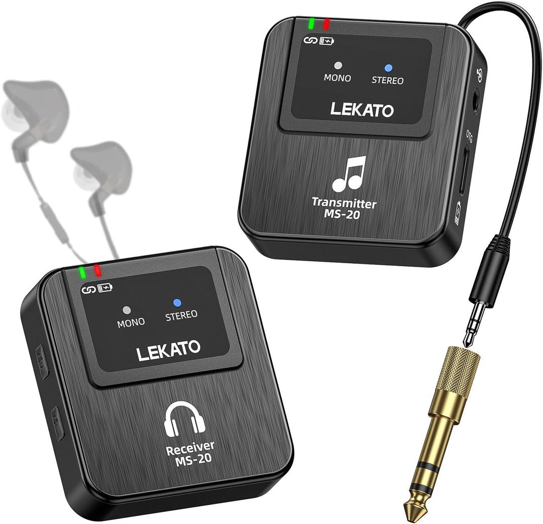 LEKATO Wireless In-Ear Monitor MS-20, 2.4G IEM System Low Latency, with Beltpack Transmitter Auto-Pairing Receiver, OTG Support, One to More, in-Ear Monitoring for Live Performance Singer Band Starter (Grey)