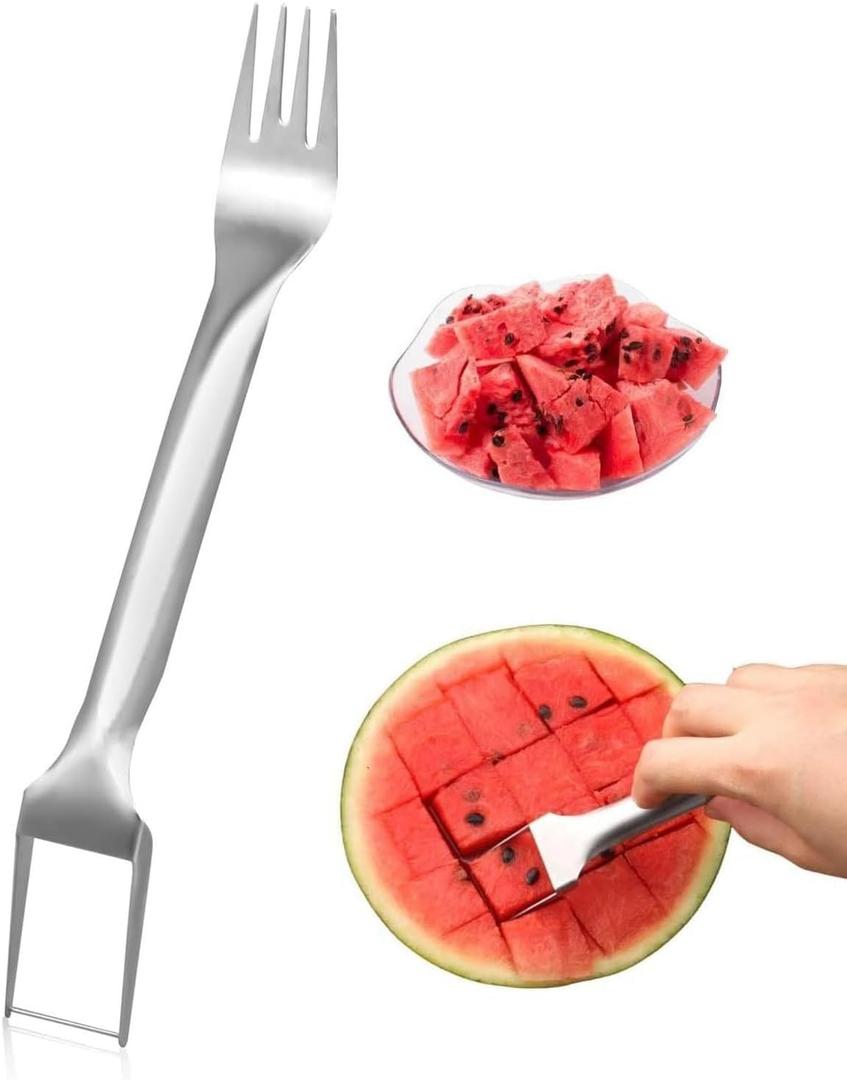 2 in 1 Stainless Steel Fruit Cutter,Watermelon Slicer Cutter,Watermelon Fork Slicer Cutter Slicer Tool,Dual Head Fruit Forks Slicer Knife for Home Kitchen Gadget (1pack), Large, Silver