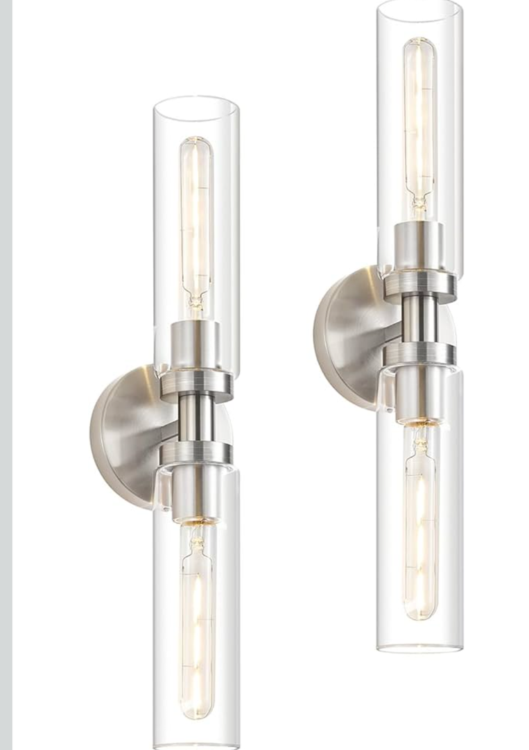 2 Light Bathroom Wall Sconces Set of 2,Modern Farmhouse Brushed Nickel Bathroom Light Fixture Over Mirror with Clear Glass Shade,Vanity Light for Hallway Cabinet Bedroom Stairway Porch
