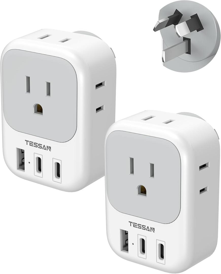 Australia Plug Adapter 2 Pack, TESSAN New Zealand Power Adapter with 4 Outlets 3 USB (2 USB-C), Type I Travel Adaptor for US to Australian Argentina China Fiji Samoa Tonga Kiribati