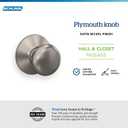 Schlage F10 PLY 619 Plymouth Door Knob, Hall & Closet Passage Lock, Satin Nickel