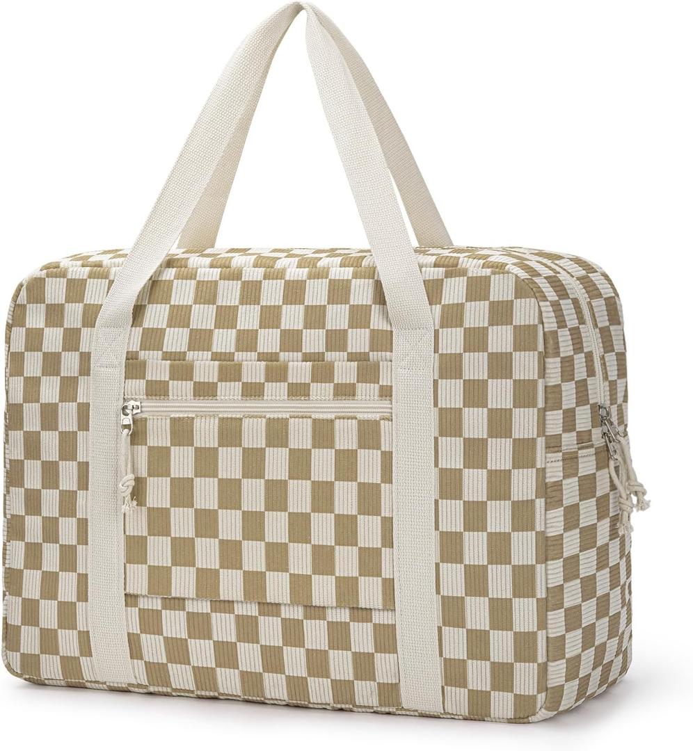 Travel Duffel Bag Foldable Weekender Overnight Bag for Men Women Lightweight Carry on Tote Bag For Spirit Airlines (Corduroy Khaki Check)