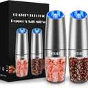 XinXu Gravity Electric Pepper and Salt Grinder Set, Salt/Pepper Mill & Adjustable Coarseness, Battery Powered with LED Light, One Hand Automatic Operation, (Set/Silver)