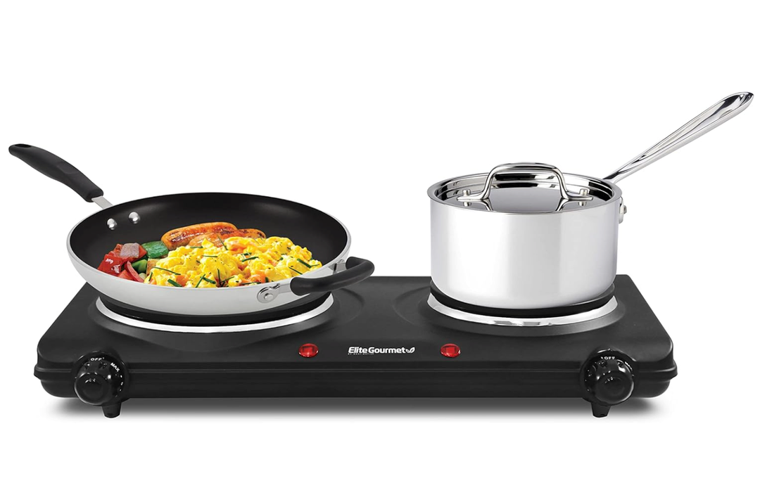 Elite Gourmet EDB302BF Countertop Double Cast Iron Burner, 1500 Watts Electric Hot Plate, Temperature Controls, Power Indicator Lights, Easy to Clean, Black