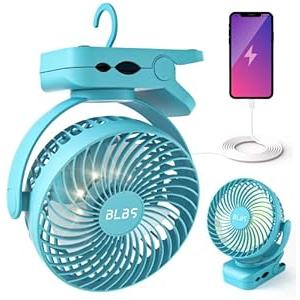 BLBS Clip on Fan 65Hrs Camping Fan with LED Light, 12000mAh Battery Operated Fans & PortableFan Rechargeable, Small Desk Fans USB TravelFan for Tent Camping Golf Stroller, Blue