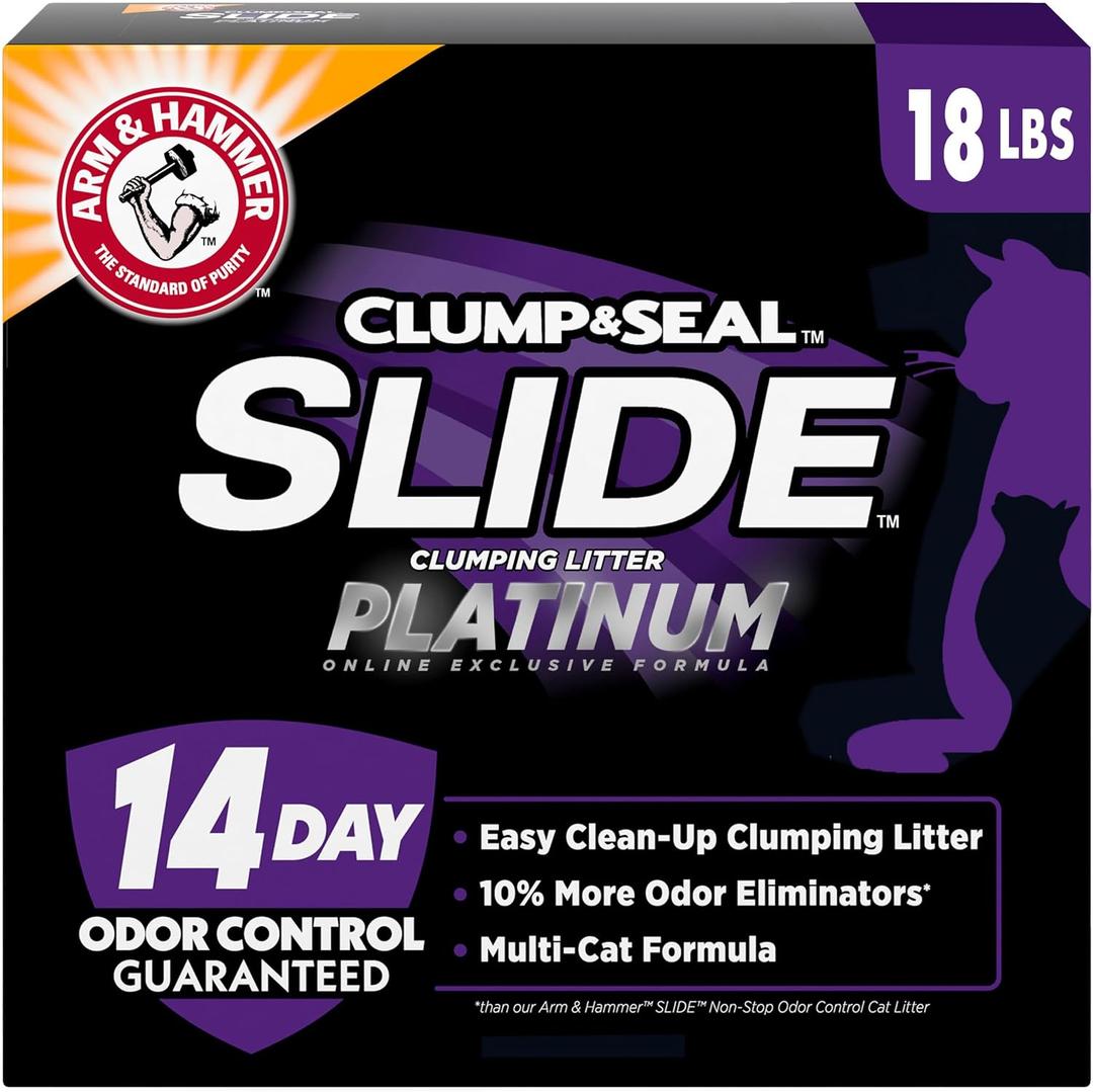 ARM & HAMMER Clump & Seal SLIDE Platinum Multi-Cat Clumping Cat Litter, Easy Clean Technology with No Scrubbing, 14-Day Odor Control, 18 lbs