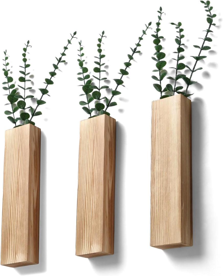 Wood Wall Vase Planters with Artificial Plants,Boho Wall Decor for Bathroom Living Room Bedroom Kitchen,Modern Farmhouse Art Decor Hanging Planters for Dried Flowers Home Office 3pcs Brown
