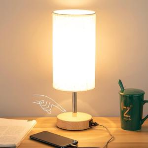 Yarra-Decor Bedside Table Lamp with USB Port - Touch Control for Bedroom 3 Way Dimmable Nightstand Lamp with Flaxen Fabric Shade for Living Room, Dorm, Home Office, Wood-Grain (LED Bulb Included)