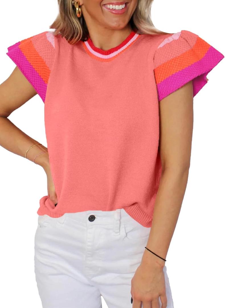 SHEWIN Womens Summer Cap Sleeve Tops Casual Crewneck Loose Fit Knit Lightweight Sweater Pullover Top (XX-Large, Pink)