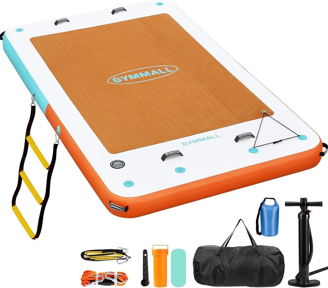 GYMMALL Inflatable Floating Dock, 10Ft Floating Dock for Lakes with Rope Ladder and Non-Slip EVA Platform, Inflatable Dock Floating Platform Island Raft for Boats, Pool, Beach, Ocean (Green Orange)