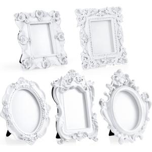 Maitys 5 Pcs Mini Picture Vintage Frames with Stands Tiny Antique Photo Baroque Ornate Resin Oval Frame Table Top Display Home Wedding Decor (White)
