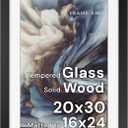 Frame Amo 20x30 Black Solid Wood Poster Frame, White Mat for 16x24 Image, Tempered Glass Front, 1.5 inch Wide, 1 inch Thick, High-End, Heavy-Duty, Gallery Grade & Acid-Free