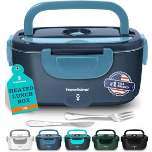 TRAVELISIMO Electric Lunch Box for Adults 100W Heated Lunch Box For Men 1.5L Stainless Steel Portable Food Warmer, 12/24/110V Electric Food Warmers for Travel & Work Loncheras Para Hombres de Trabajo (Dark Blue)