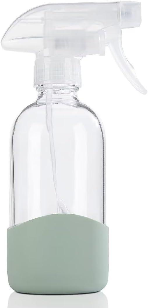 HOMBYS 8 Oz Empty Clear Glass Spray Bottles with Silicone Sleeve Protection Refillable Containers for Cleaning Solutions, Essential Oils, Misting Plants - Quality Sprayer - 1 Pack Boston Bottles (Army Green)
