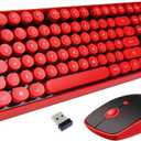 Wireless Keyboard Mouse Combo,2.4GHz Wireless Red Keyboard with 104 Round Retro Typewriter Style Key and Cute Mouse with 3 Adjustable DPI,Compatible with PC, Computer, Laptop, Desktop, Note