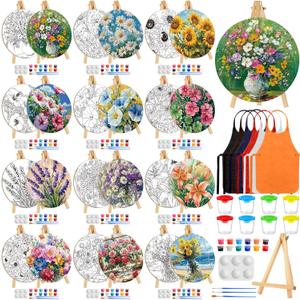 Supervitae 96 Pcs 5.9" Round Pre Drawn Canvas Painting Kit for Kids Adults Spring Floral Sip and Paint Canvas Kit for Birthday Valentines Holiday Christmas Party Favor DIY Home Decor Gifts