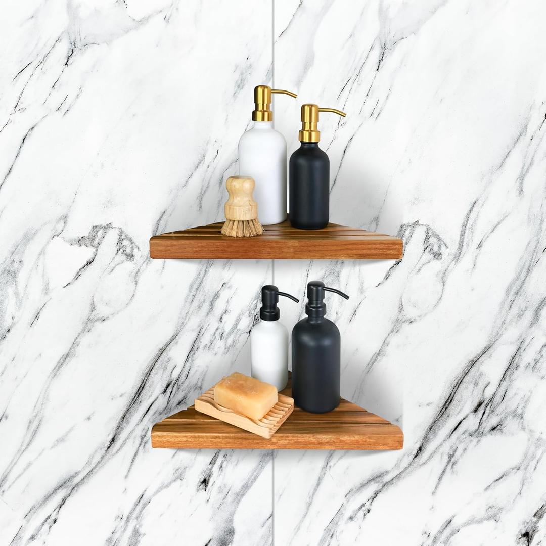ENKEZI Acacia 2,3 Tiers Corner Shower Shelf, Triangular Corner Shelf Wooden Bathroom Shelf for Tiled Wall, Shower Corner Shelf, No Drilling Requied (3 Pack)