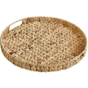 Extra Large Round Ottoman Table Tray with Handles - 19.7" Handmade Wicker Serving Hand Woven Tray for Farmhouse Decorative Oversized Coffee Table Trays Living Room Kitchen Counter Breakfast (20" diameter x 2", Round-water Hyacinth-flat)