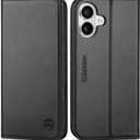 SHIELDON Wallet Case for iPhone 16 Plus 5G 6.7", Genuine Leather Flip Cover RFID Blocking Card Slots Kickstand Magnetic Closure Shock-Absorbent Case Compatible with iPhone 16 Plus 2024 - Black