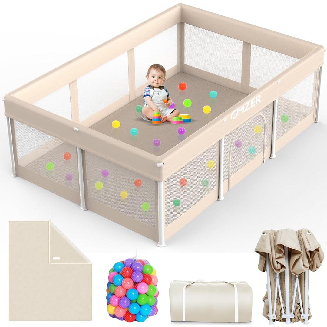 Foldable Baby Playpen with Mat: 74" x 50" Play Pen for Babies and Toddlers - Portable Playpen Safety Baby Fence with Carry Bag & 30 Ocean Balls for Indoor Outdoor - No Assembly Required
